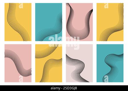 Set of abstract halftone posters. Wavy pop art cards. Dotted textures, small circles, dots wall prints. Stock Vector