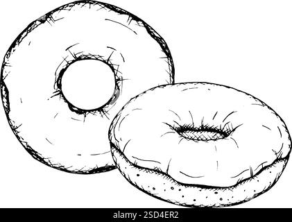 A simple black and white vector illustration of two round donuts in a hand-drawn style. Perfect for bakery branding, pastry shop branding, dessert Stock Vector
