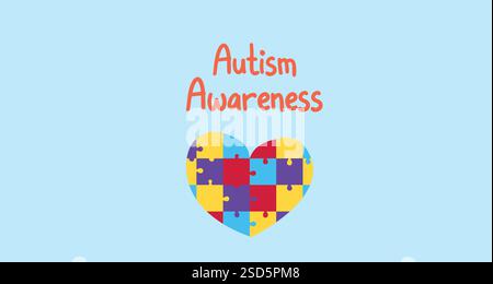Autism Awareness Heart with Colorful Puzzle Design on Light Blue Background Stock Vector