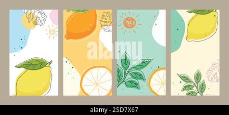 Summer drawing clipart poster set. Summer abstract background template with tropical fruit like pears and lemon clip art outline collection vector Stock Vector