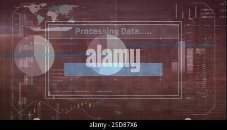 Image of digital interface displaying data processing with graphs and world map overlay Stock Photo
