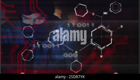 Chemical structures and molecular formulas image over blurred background with red circuitry Stock Photo