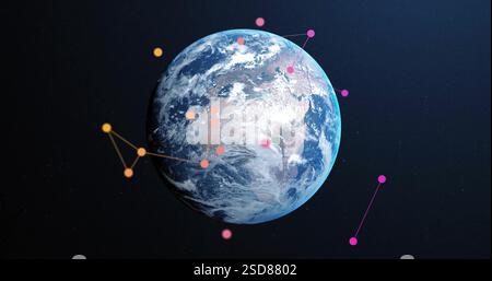 Image of forming digital connections, earth surrounded by global communication network illustration Stock Photo