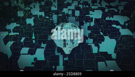 Image of digital wireframe globe floating among abstract data blocks in virtual space Stock Photo