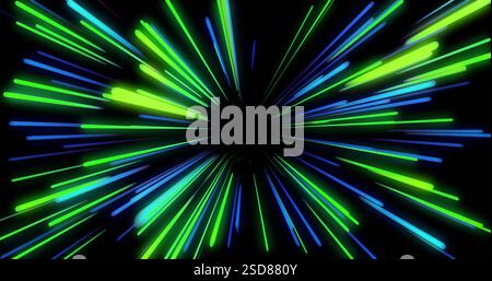 Radiating colorful neon light streaks on black background, creating dynamic effect Stock Photo