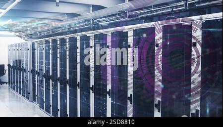 Image of modern data center with rows of servers and digital interface overlay Stock Photo