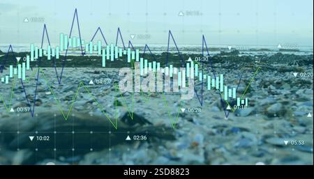 Financial data chart image over rocky beach background Stock Photo