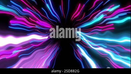 Colorful neon lights creating dynamic abstract pattern against black background Stock Photo