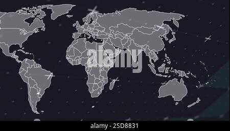 World map with data points and connections image over dark background Stock Photo