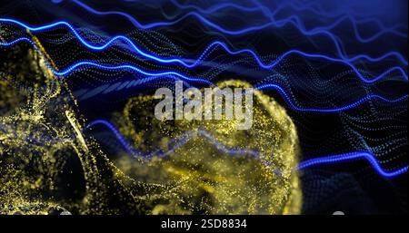 Golden particles forming abstract shape over blue wave image Stock Photo