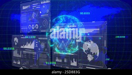 Digital data analytics and global network image over financial graphs and charts Stock Photo