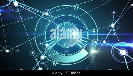 Image of circular scanner processing over networks and blue lights on dark background Stock Photo