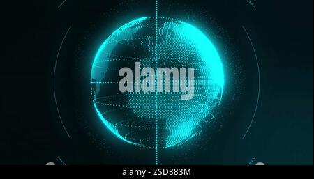 Glowing dots forming digital globe, showcasing global connectivity on black background Stock Photo