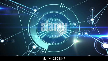 Image of circular scanner processing over network and blue lights on dark background Stock Photo