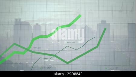 Rising green line graph image over cityscape background with grid lines Stock Photo