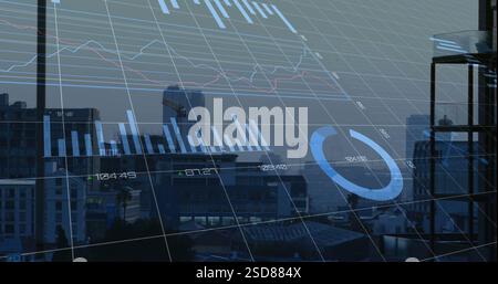 Financial data charts and graphs image over cityscape Stock Photo