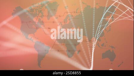 Global network connections and data flow image over world map Stock Photo