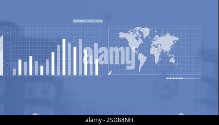 Image of interface screens with charts processing data moving on blue background Stock Photo