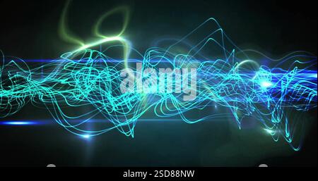 Image of glowing blue network wave over lights on dark background Stock Photo