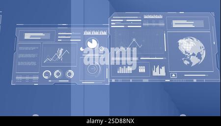 Image of interface screens with charts processing data moving on blue background Stock Photo
