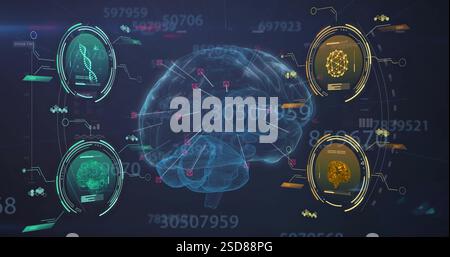 Image of brain and four scanners with dna, brain and networks over processing data Stock Photo