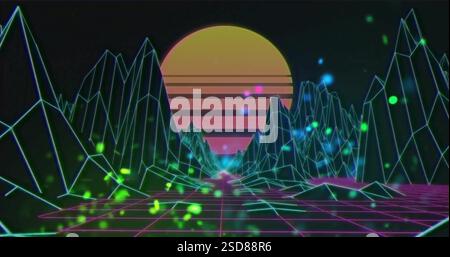 Image of pink and yellow sun over grid landscape and glowing lights on black background Stock Photo