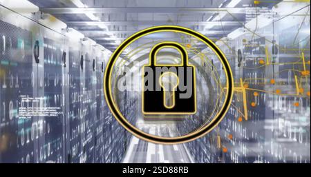 Image of padlock icon and data processing over computer servers Stock Photo