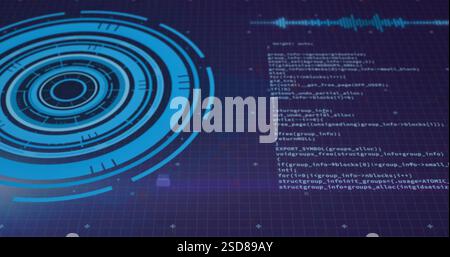 Image of blue circular scanner and processing data on dark background Stock Photo