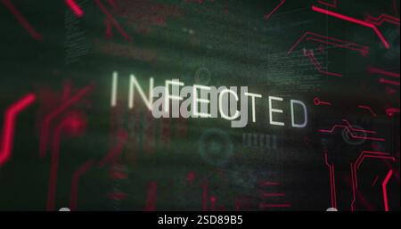 Image of flashing infected text and motherboard network over data processing on black background Stock Photo