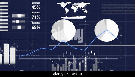 Image of statistics and digital data processing over dark background Stock Photo