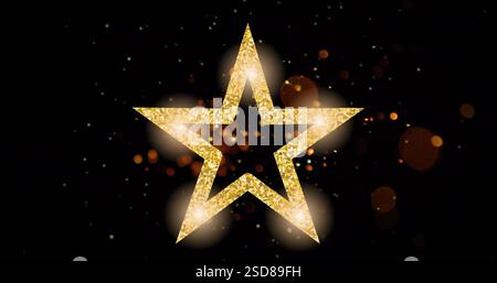 Image of light spots over golden star on black background Stock Photo