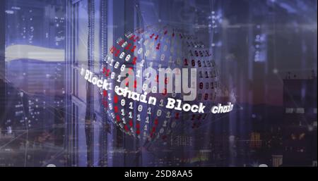 Image of block chain text and globe with data processing over dark background Stock Photo