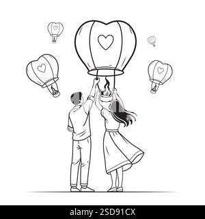 Love in the Air Couple with Heart Balloons EPS10 Stock Vector