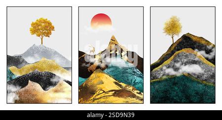 3 pieces wall frame canvas art. golden turquoise blue and brown colorful mountains, and red sun with clouds, deer and trees on 3d landscape background Stock Photo