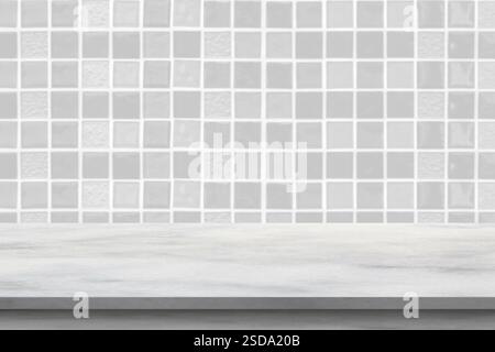 Empty white marble table top with blur tile wall bathroom background Stock Photo