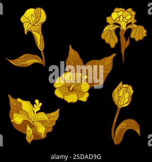 Golden flowers in stained glass window technique vector illustration Stock Vector