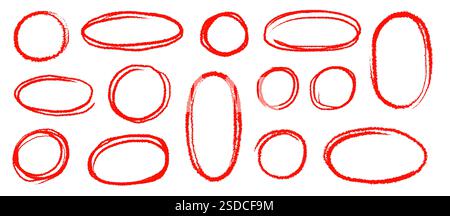 Hand drawn red highlight oval frame shape set. Doodle crayon pencil, marker brush stroke oval underline element pack. Hand drawn pencil stroke sketch marker vector illustration Stock Vector