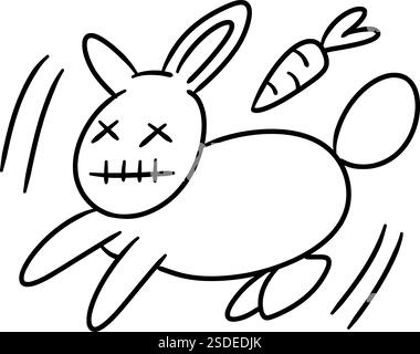 A cartoon rabbit runs with a carrot, line art style. Playful, energetic, and whimsical. Perfect for children's designs, Easter, or spring themes Stock Vector