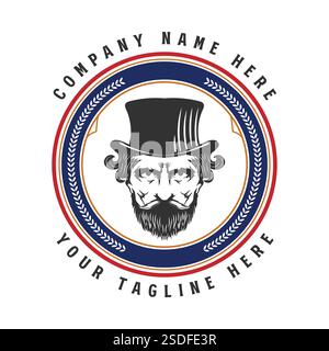 Beard Man with Lincoln Victorian Felt Top Hat Silhouette for Gentleman Fashion Stock Vector