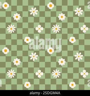 Groovy flower checkered pattern. Retro seamless pattern with simple flowers in 1970s style. Groovy background for Tshirt, poster, card and print Stock Vector