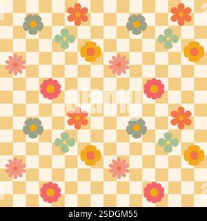 Groovy flower checkered pattern. Retro seamless pattern with simple flowers in 1970s style. Groovy background for Tshirt, poster, card and print Stock Vector