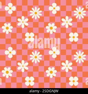 Groovy flower checkered pattern. Retro seamless pattern with simple flowers in 1970s style. Groovy background for Tshirt, poster, card and print Stock Vector
