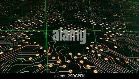 Image of green grid over transferring data on glowing motherboard Stock Photo