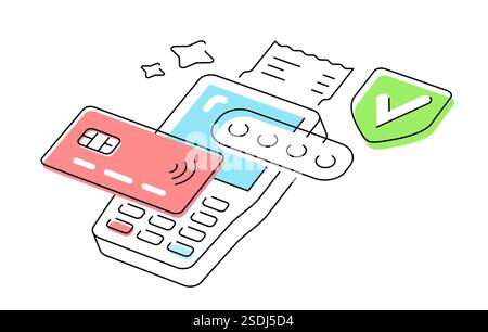 Making contactless payments with credit bank card using payment terminal. Money concept Stock Vector