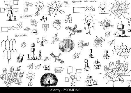 hand drawn architectural sketches of artificial intelligence topics and robots and future and science topics and machine learning and circuits Stock Vector