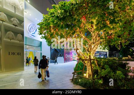 Bangkok, Thailand - January 9 2024 : View The lighting or lighting fixtures on the tree at in front of Emquartier at Phrom Phong Station in Bangkok. Stock Photo