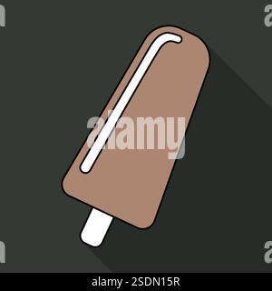 Vector illustration of ice cream on a wooden stick in flat style isolated on black background with shadow. Vector illustration Stock Vector