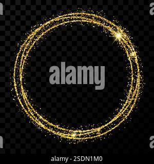 Gold circle frame. Modern shiny frame with light effects isolated on dark transparent background. Vector illustration. Stock Vector