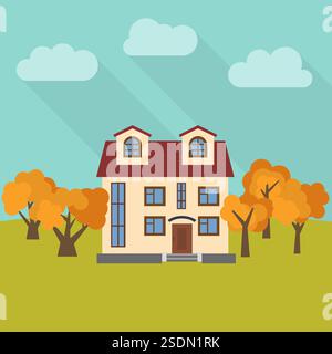 Lone two-storey house in a field with five yellow trees. Vector illustration. Stock Vector
