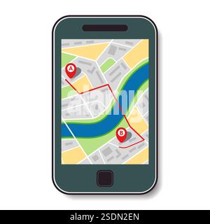 Mobile phone with a map of the city and the route from point A to point B. Vector illustration Stock Vector